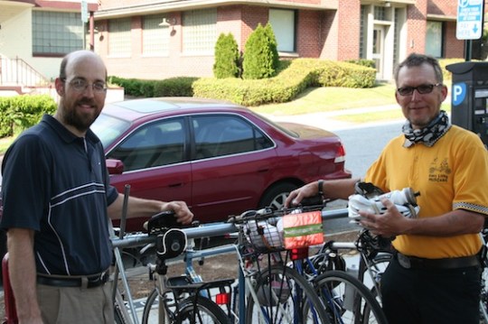  Mike Gerke of Decatur (right), shown with Mark Schmitt of Atlanta arriving at the Atlanta bicycling event, says a ''fringe benefit'' of biking is good health.