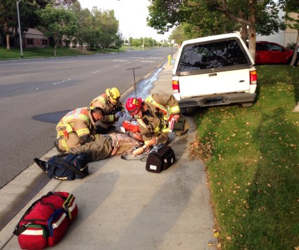 Paramedics in Southern California treat a diabetic man who lost effective control of his vehicle due to low blood sugar. He was not injured, but required emergency intravenous glucose.