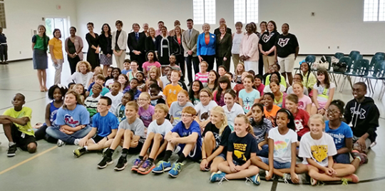 Sandra Deal, Public Health Commissioner Brenda Fitzgerald, other state officials and students at Bethlehem Elementary School in Locust Grove celebrate the fitness progress.