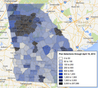 Map of Georgia exchange enrollment in 2014. Credit: Enroll America