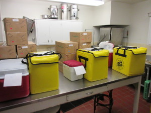 Containers of food are lined up for Senior Connections volunteers