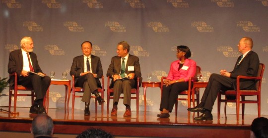 A panel discussion on global health featured 9from left) Dr. Bill Foege; Dr. Jim Yong Kim, president of the World Bank; Dr. Mark Rosenberg; Matshidiso Moeta of the WHO; and Dr. Paul Farmer of Partners in Health